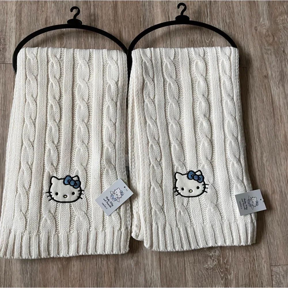 Sanrio Women's Hello Kitty Scarf Winter Cable Knit Embroidered Graphic Off White